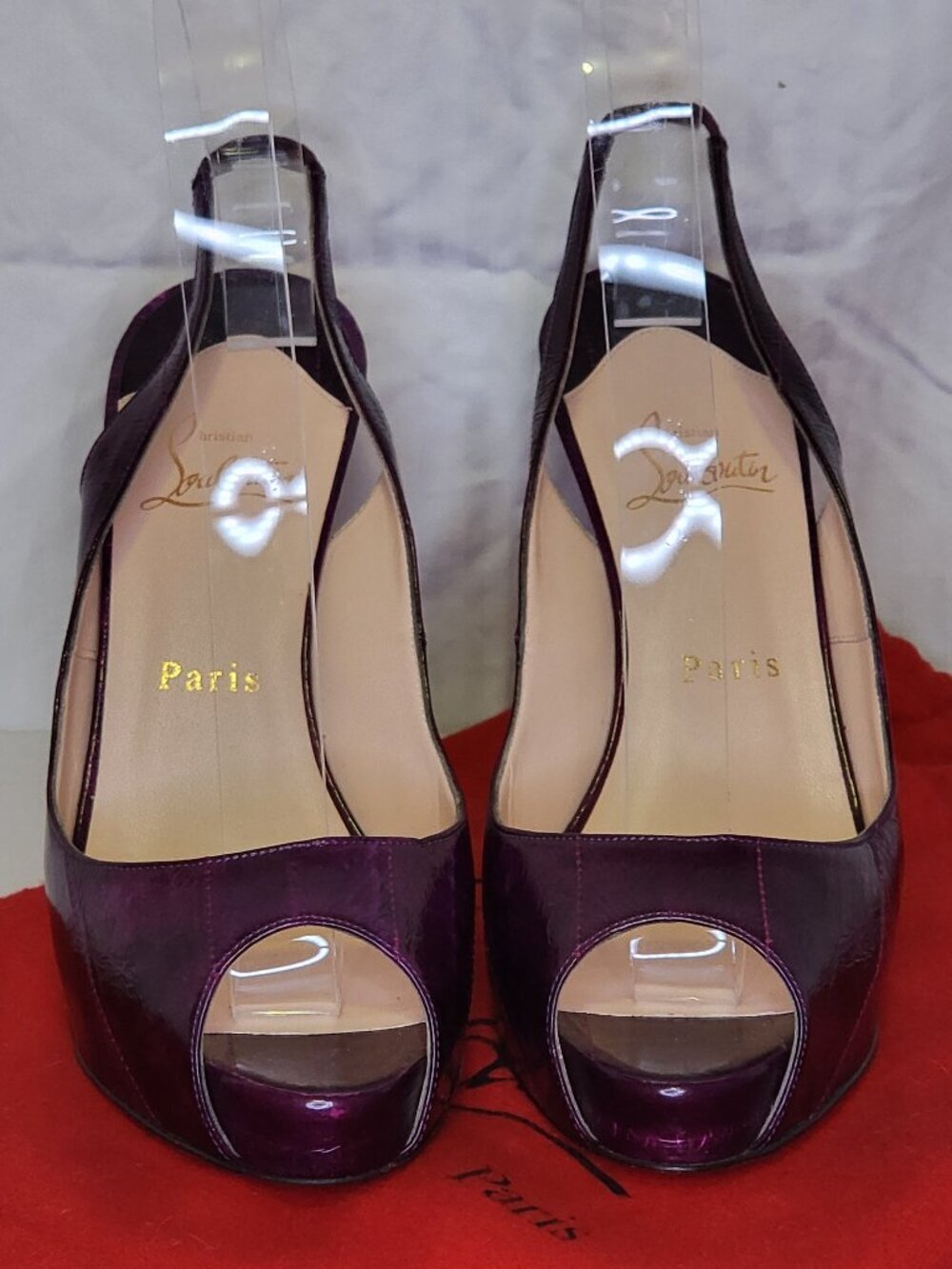 Christian Louboutin Purple Eel Skin Slingback Peep Toe Stiletto Heels EU 38.5
